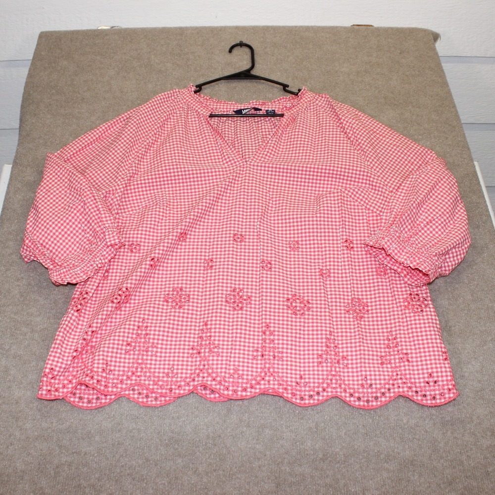 Lands End Womens 2X Pink Gingham Check Eyelet Ruffle Blouse Cotton Top 20W-22W
